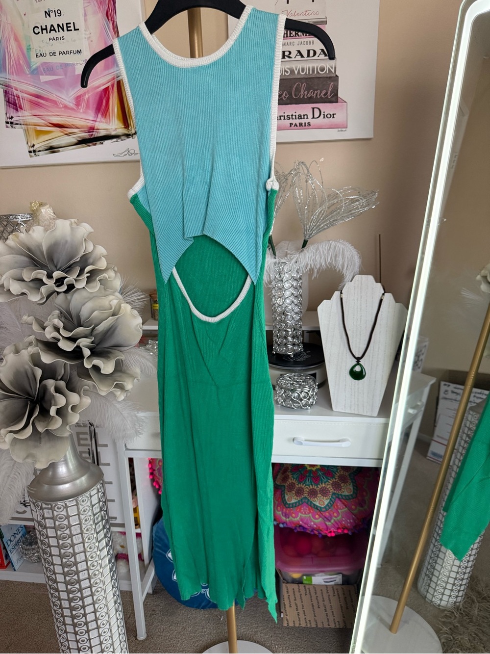 Green and Light Blue Cutout Knit Dress